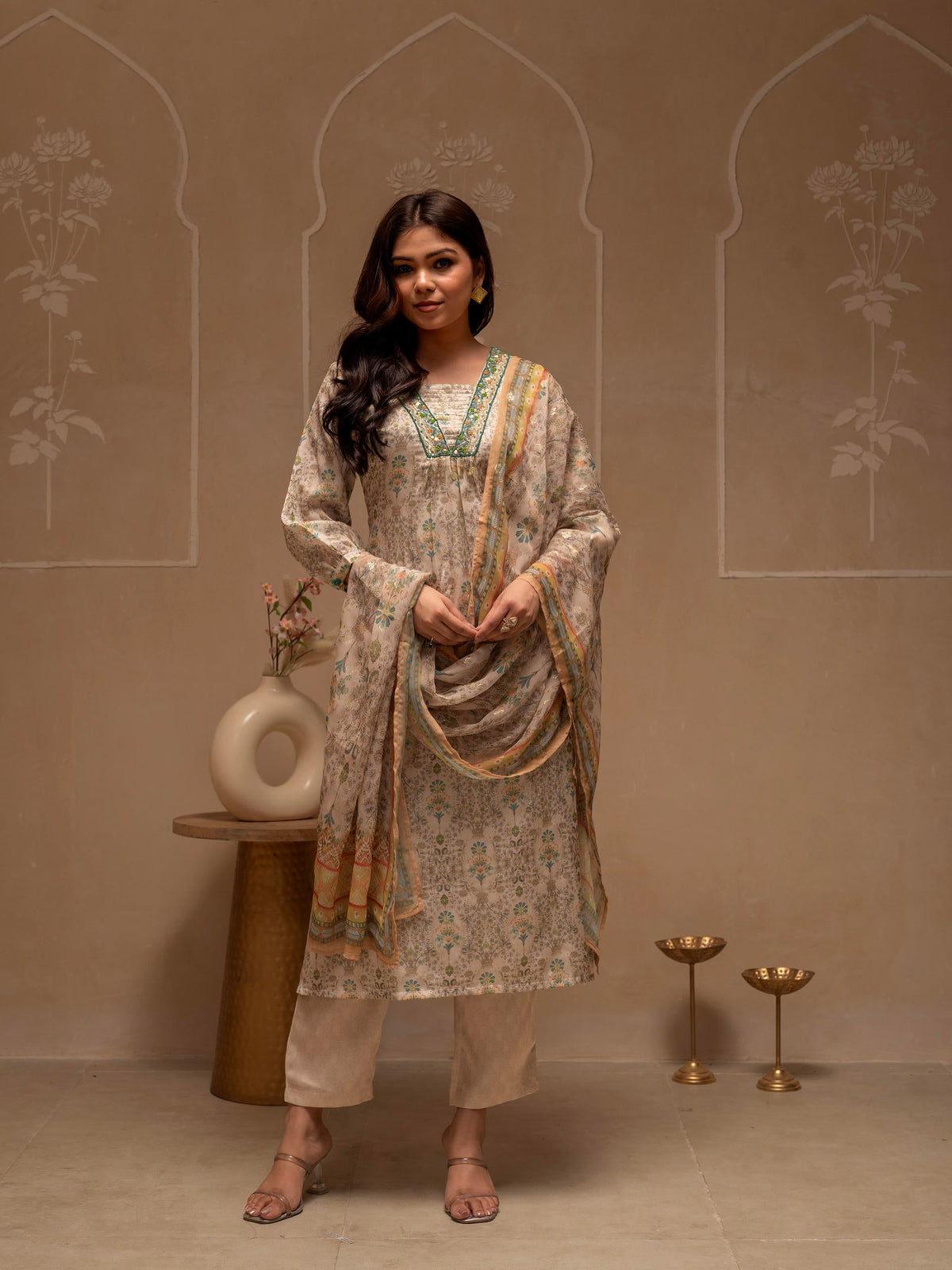 Juniper Man Made Fiber Ivory Embellished Kurta Pant Dupatta Set With Floral & Ethnic Motifs
