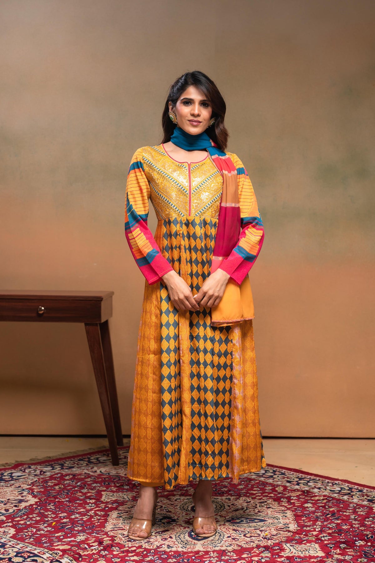 Juniper Man Made Fiber Mustard Embroidered Color Block Kurta Pant Dupatta Set With Mirror & Thread Work
