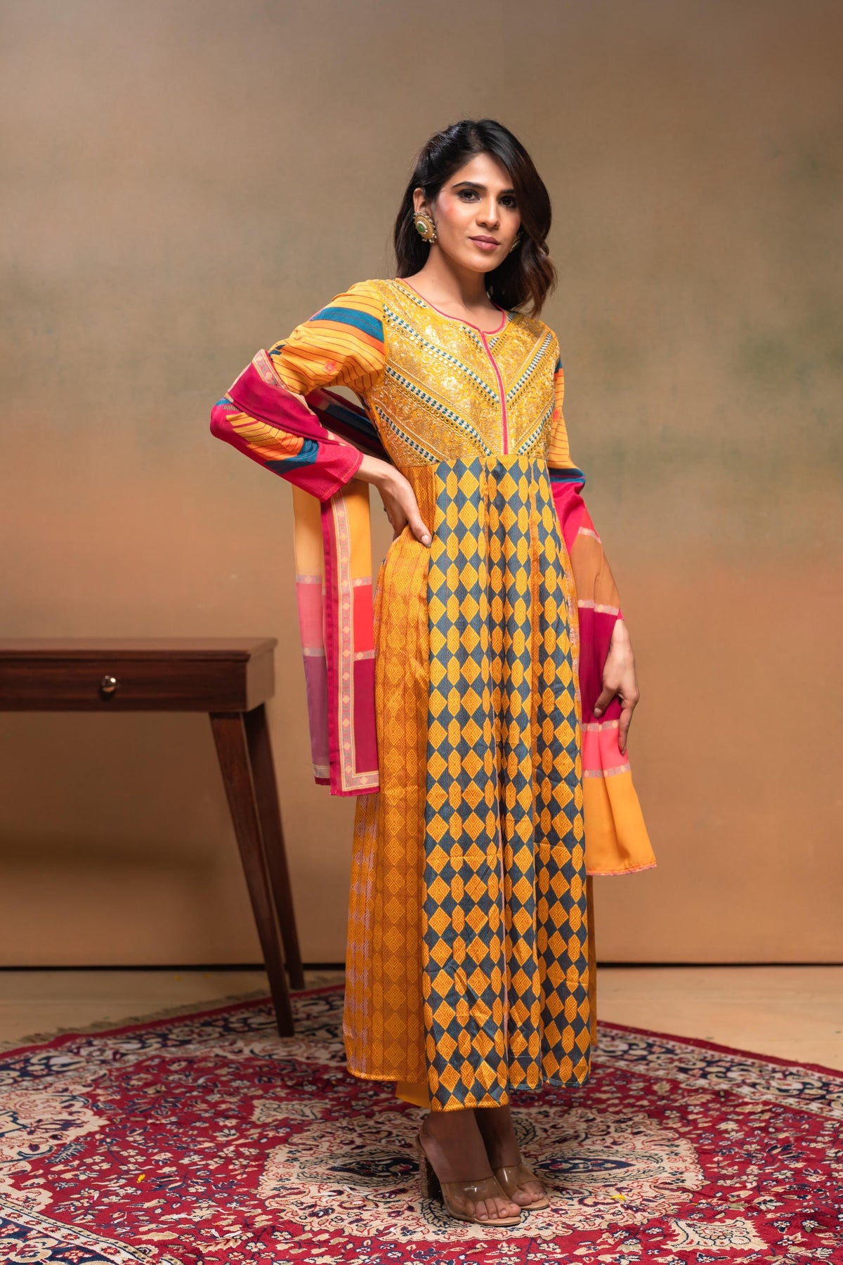 Juniper Man Made Fiber Mustard Embroidered Color Block Kurta Pant Dupatta Set With Mirror & Thread Work