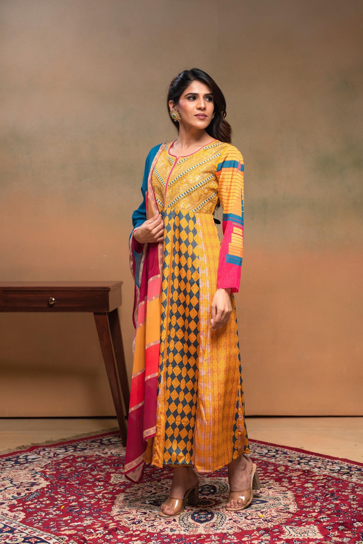 Juniper Man Made Fiber Mustard Embroidered Color Block Kurta Pant Dupatta Set With Mirror & Thread Work