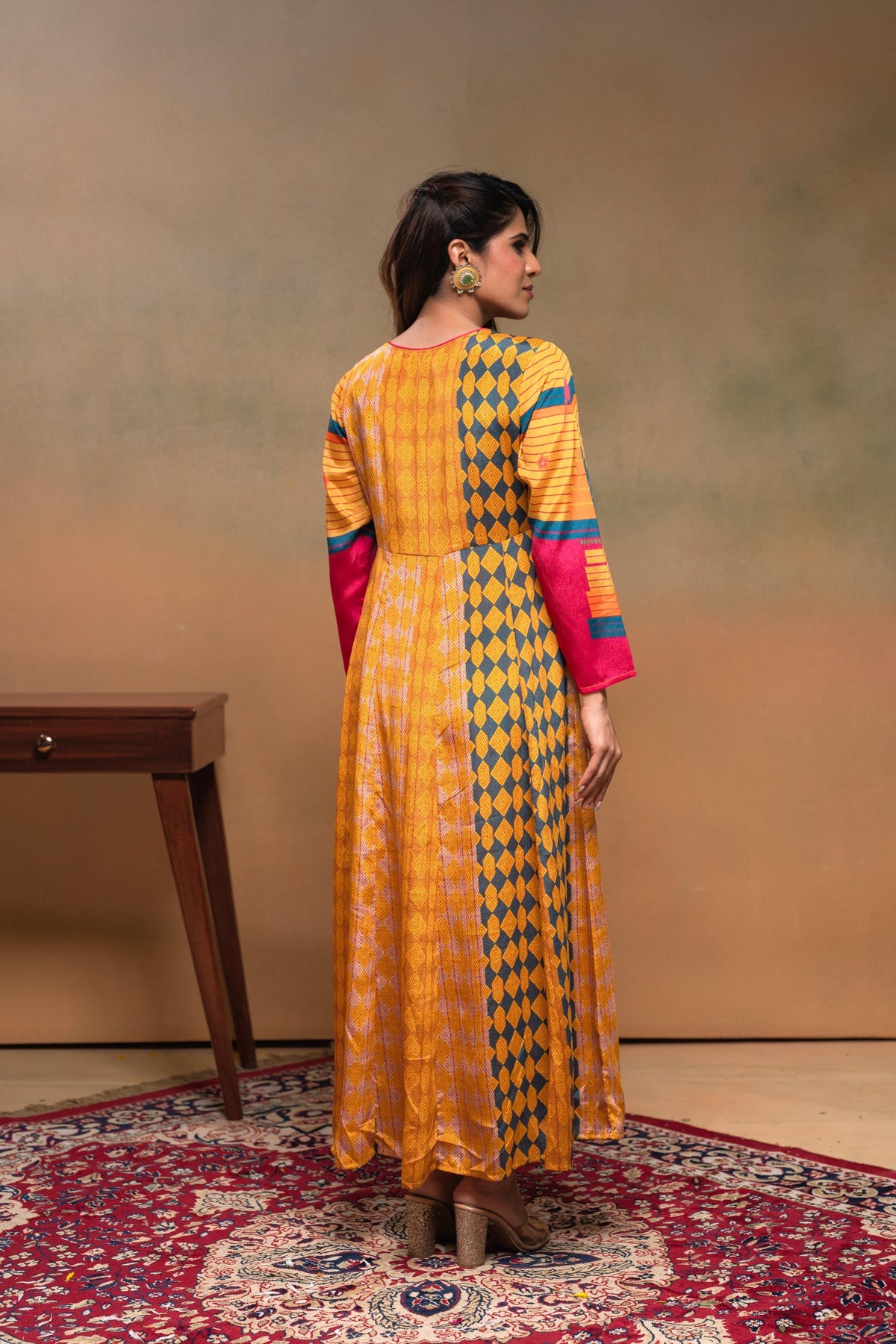 Juniper Man Made Fiber Mustard Embroidered Color Block Kurta Pant Dupatta Set With Mirror & Thread Work