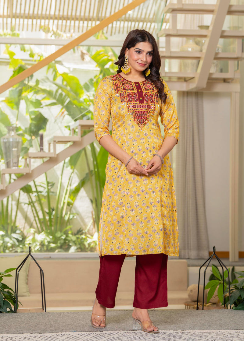 Juniper Yellow Floral Poly Kurta And Pants Set With Mirror, Thread Work