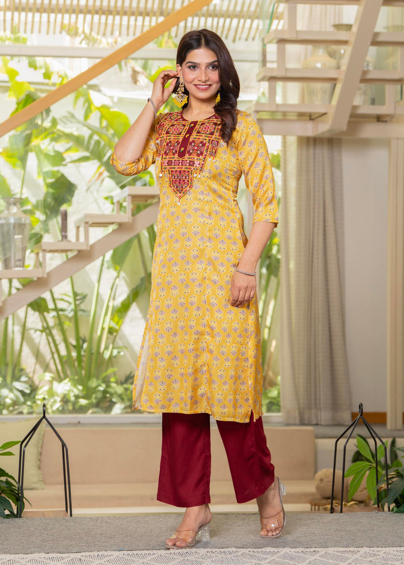 Juniper Yellow Floral Poly Kurta And Pants Set With Mirror, Thread Work