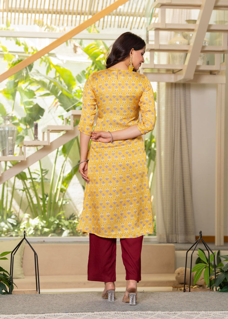 Juniper Yellow Floral Poly Kurta And Pants Set With Mirror, Thread Work