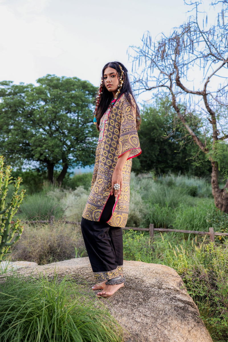 Juniper Polycotton Mustard Embroidered Kurta Pant Set With Mirror, Thread Work & Tassels