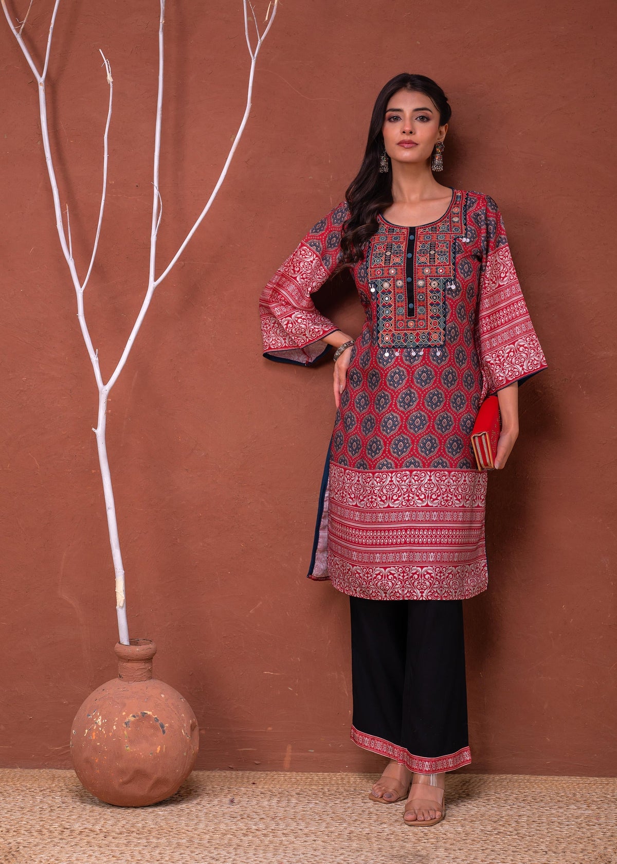 Juniper Polycotton Maroon Embroidered Kurta Pant Set With Mirror, Thread Work & Tassels
