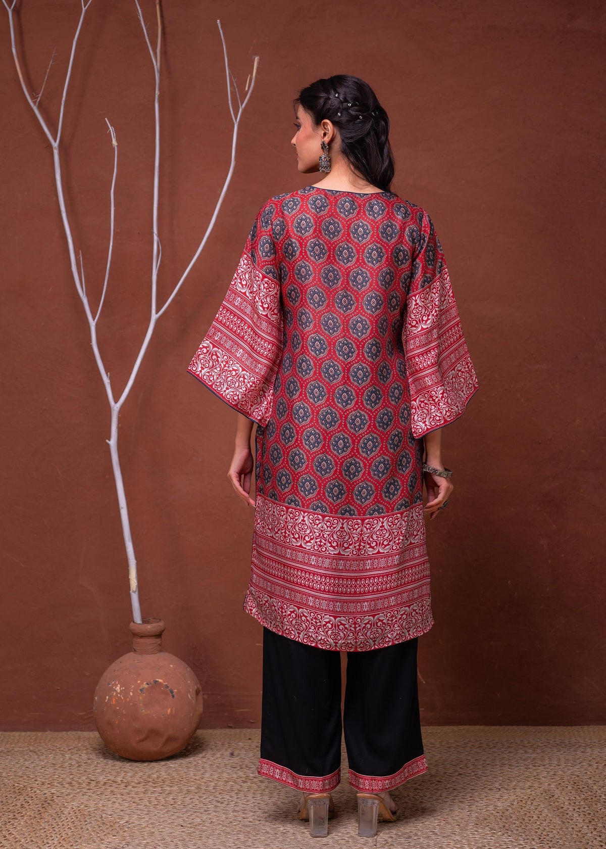 Juniper Polycotton Maroon Embroidered Kurta Pant Set With Mirror, Thread Work & Tassels