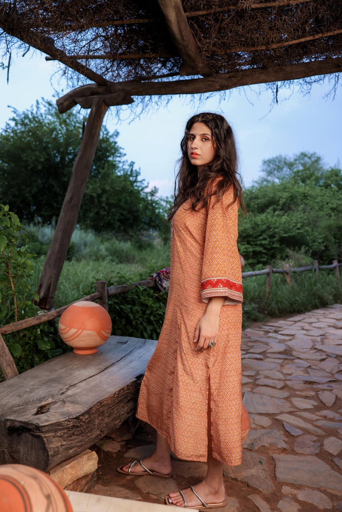 Juniper Mustard Embroidered A-Line Kurta With Mirror & Thread Work