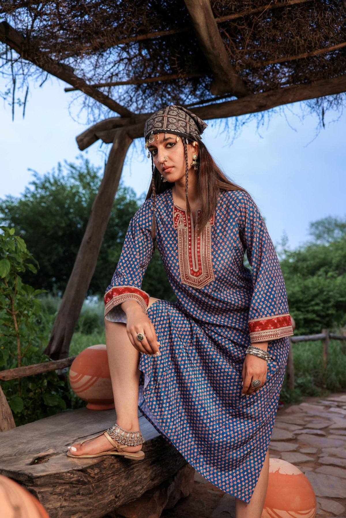 Juniper Teal Ethnic Motif Embroidered A-Line Kurta With Zari & Mirror Work