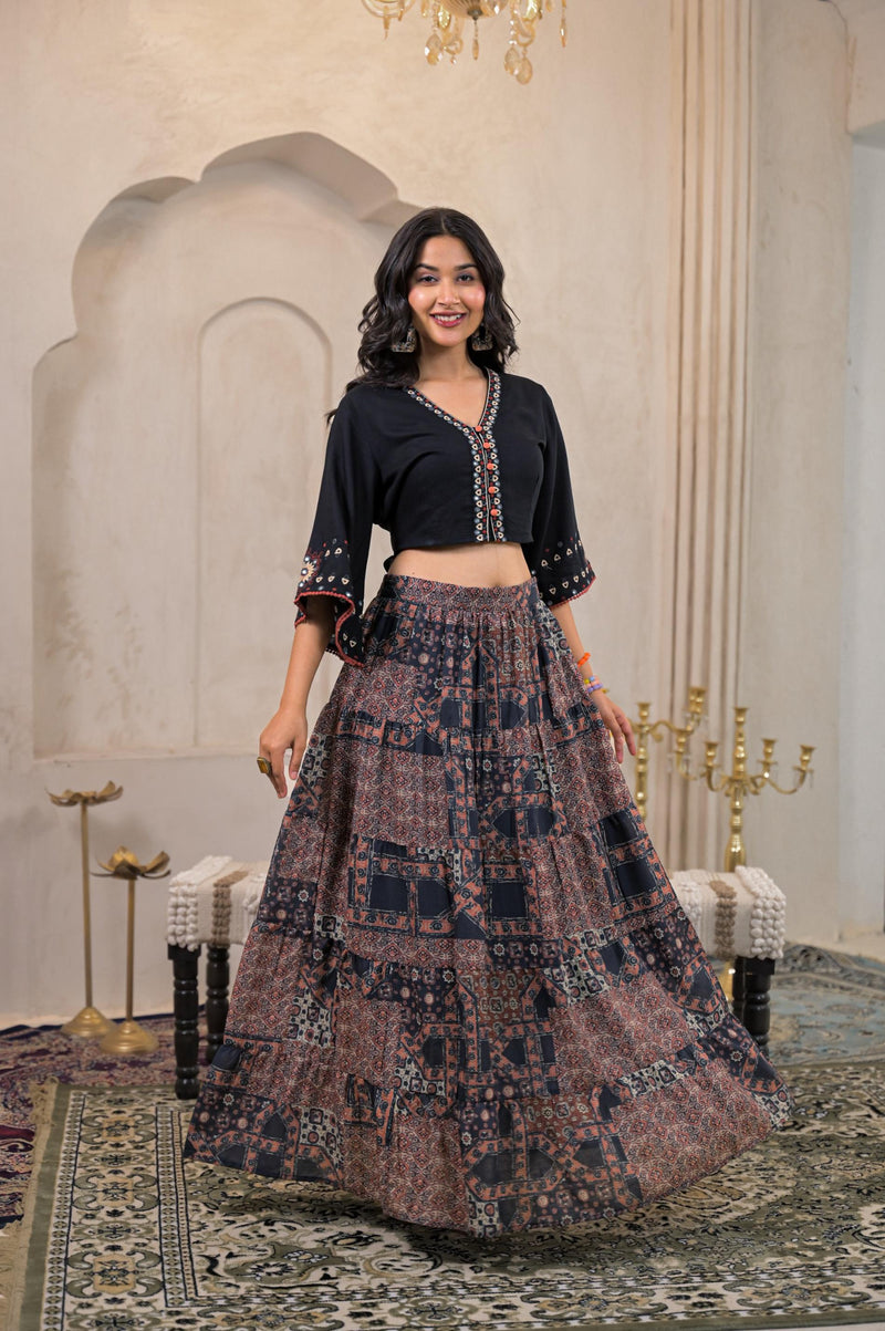 Juniper Black Mirror Work Crop Top With Printed Flared Skirt Set