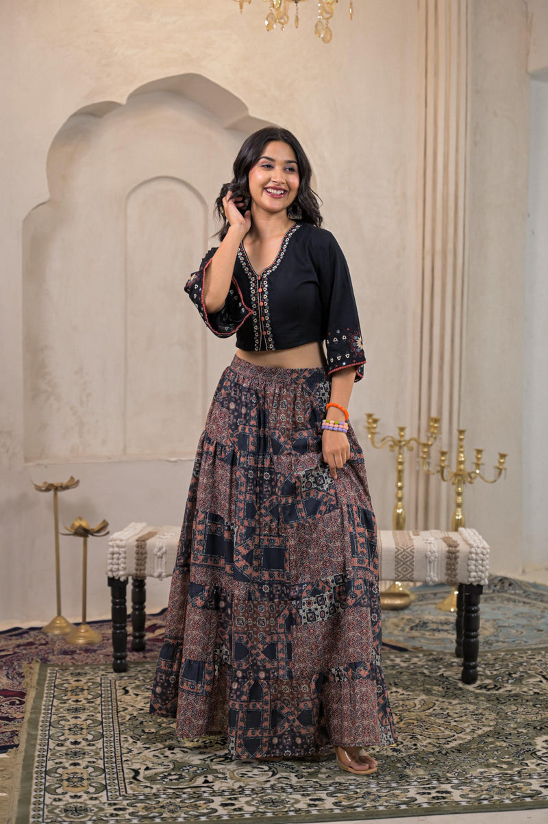 Juniper Black Mirror Work Crop Top With Printed Flared Skirt Set