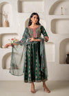 Juniper Jade Green Ethnic Motif Embroidered Fit & Flared Kurta Dupatta Set With Zari & Mirror Work