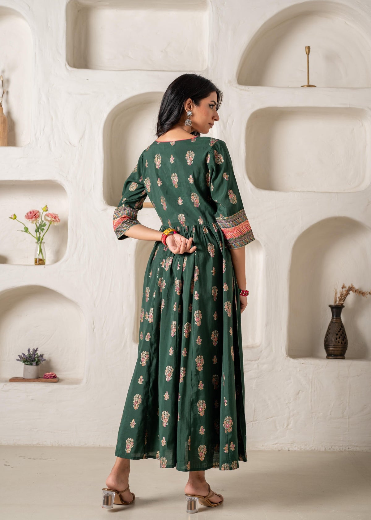 Juniper Jade Green Ethnic Motif Embroidered Fit & Flared Kurta Dupatta Set With Zari & Mirror Work