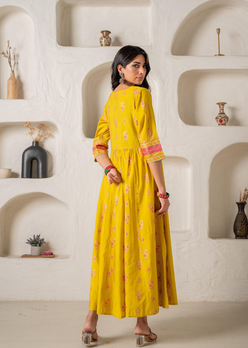 Juniper Mustard Yellow Embroidered Anarkali Kurta With Printed Dupatta