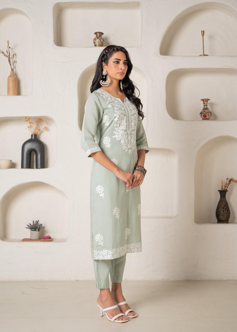 Juniper Mint Solid Embroidered Straight Kurta Pant Set With Thread Work
