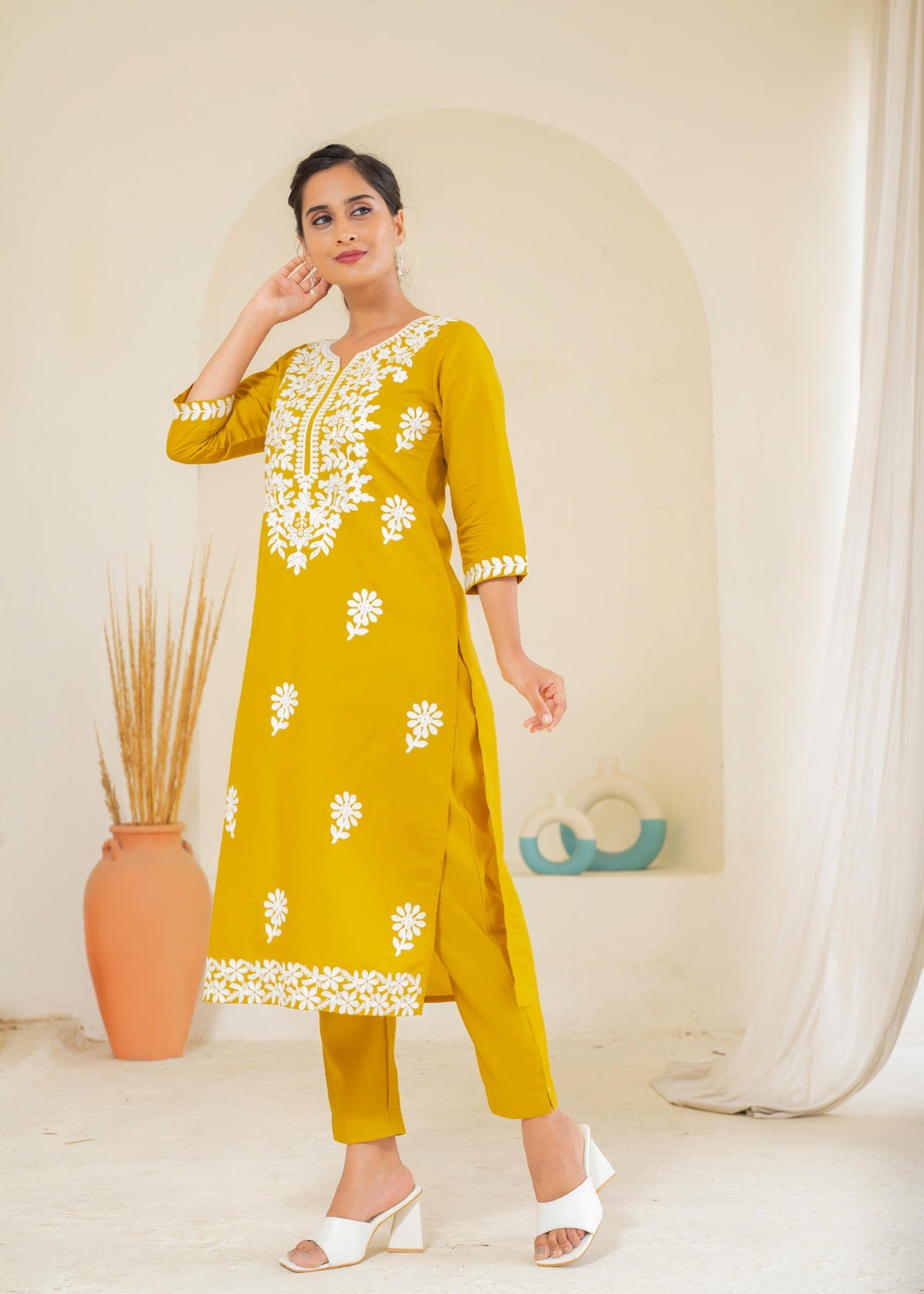 Juniper Mustard Solid Embroidered Straight Kurta Pant Set With Thread Work