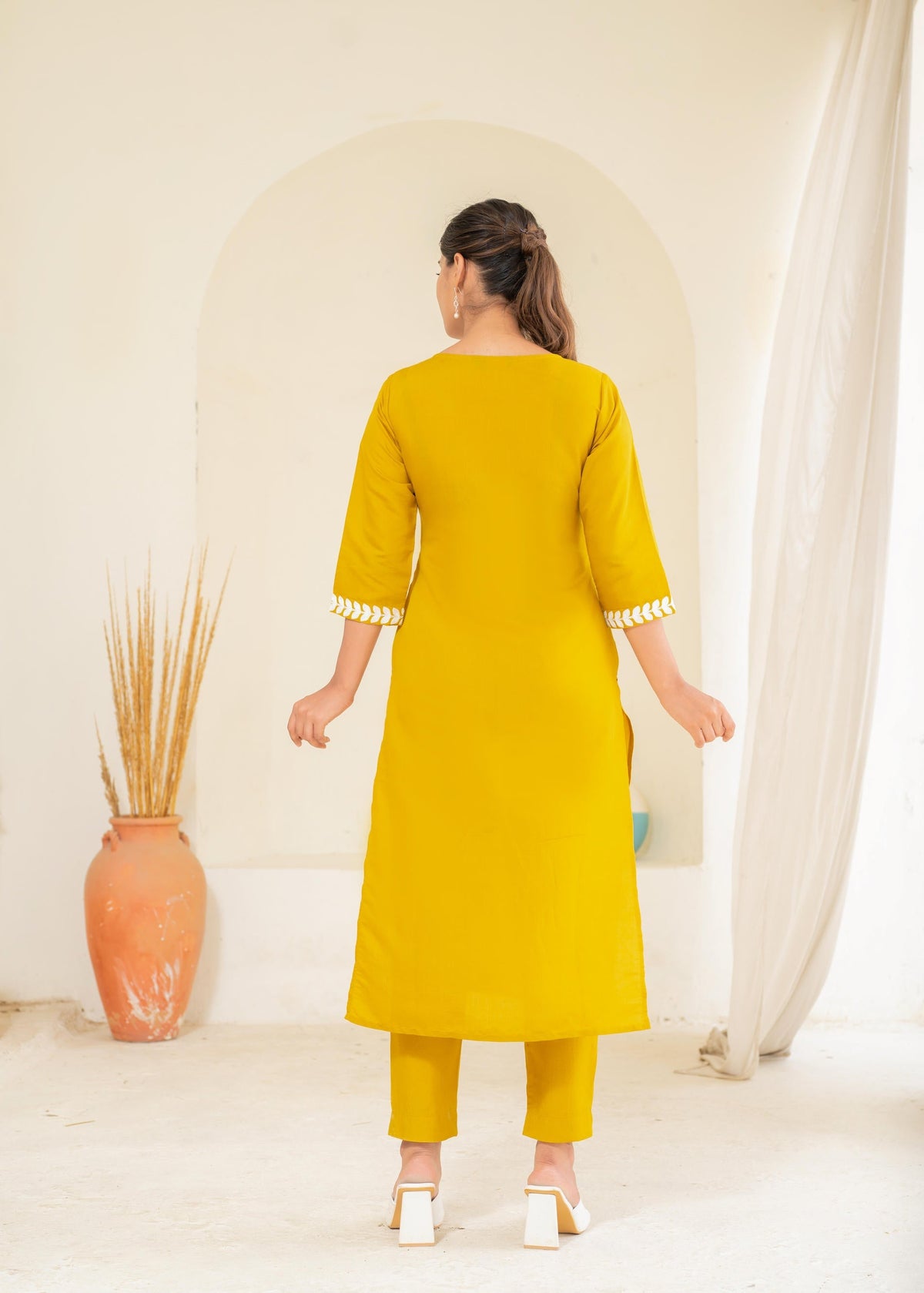 Juniper Mustard Solid Embroidered Straight Kurta Pant Set With Thread Work