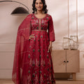 Juniper Embroidered Maroon Long Kurta And Skirt With Dupatta