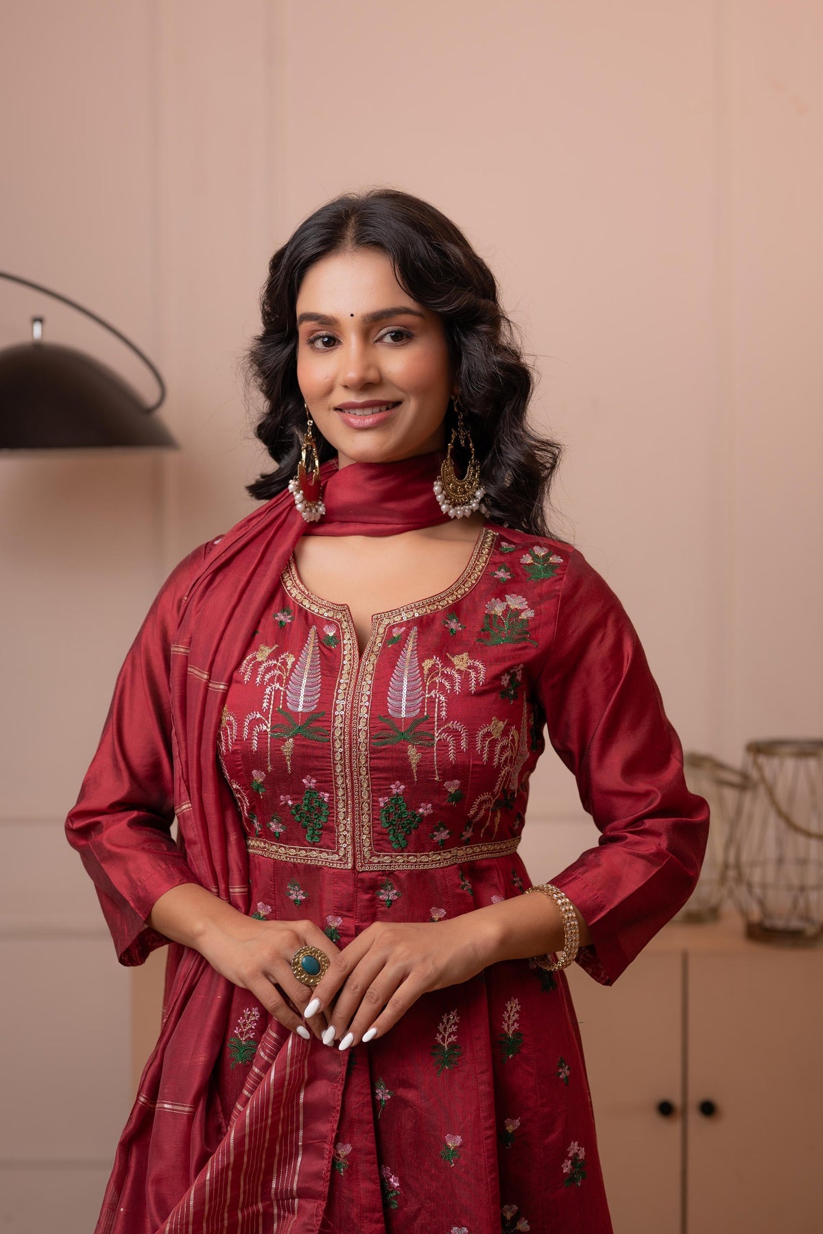 Juniper Embroidered Maroon Long Kurta And Skirt With Dupatta
