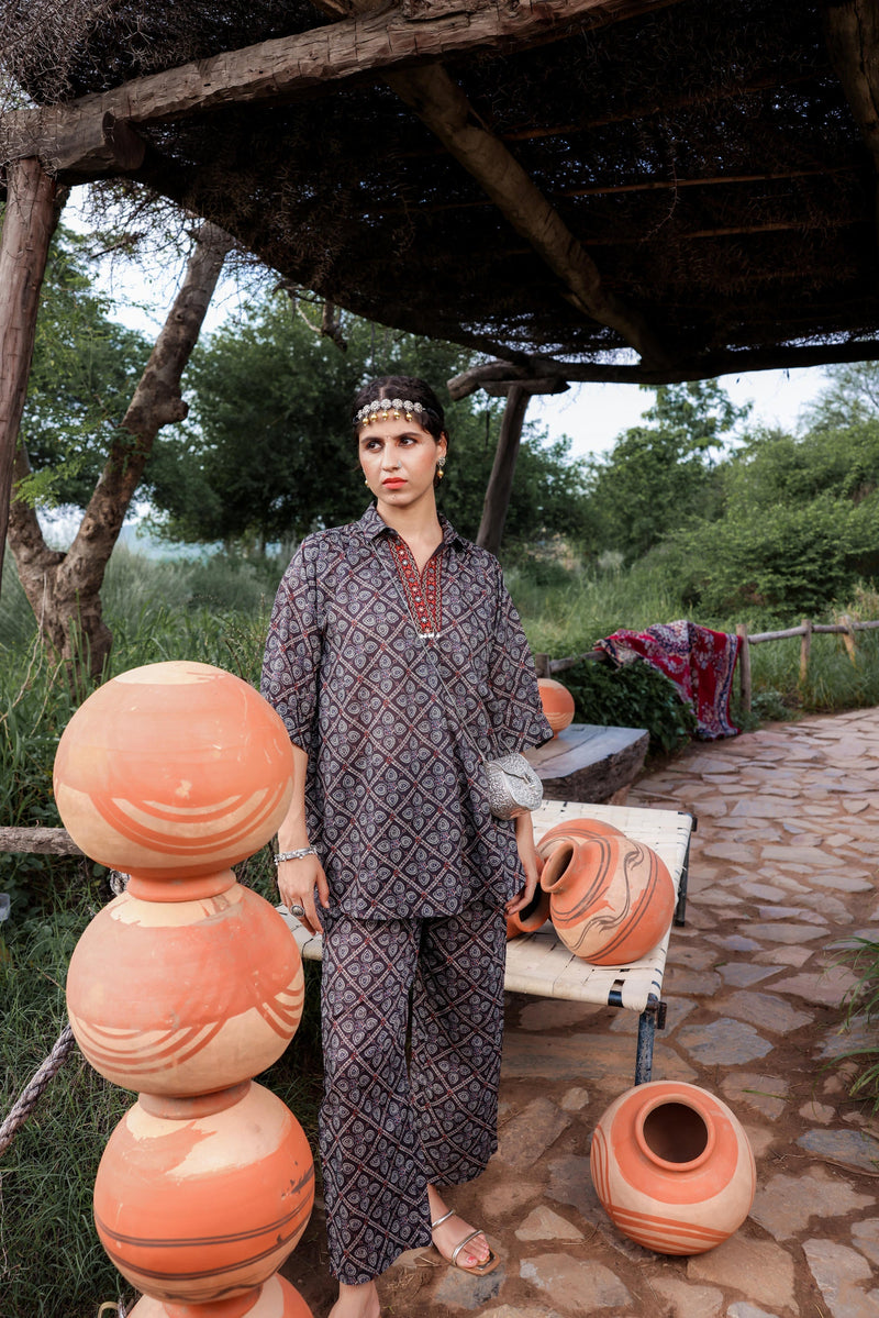 Juniper Black Floral Embroidered Co-Ord Set With Tunic & Printed Pants