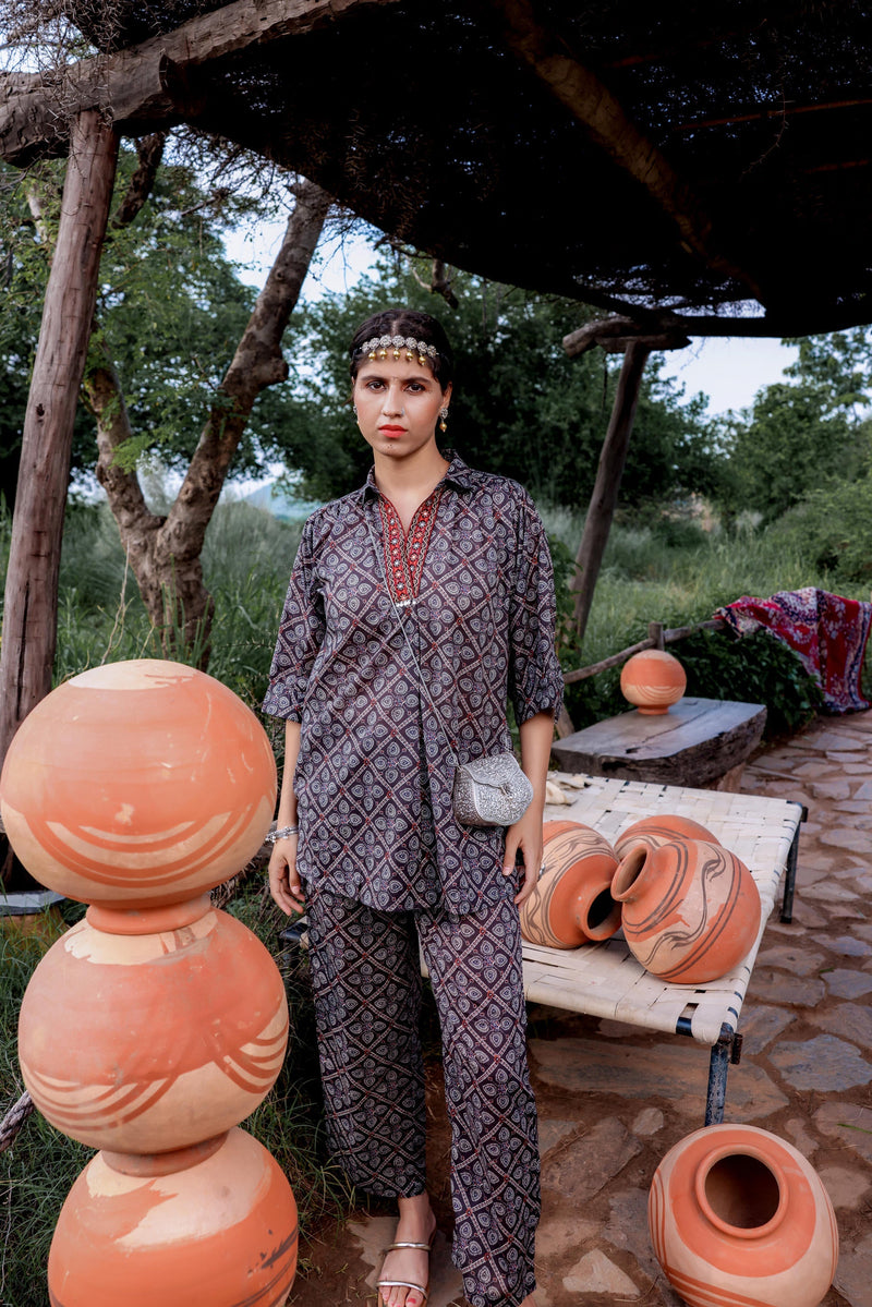 Juniper Black Floral Embroidered Co-Ord Set With Tunic & Printed Pants