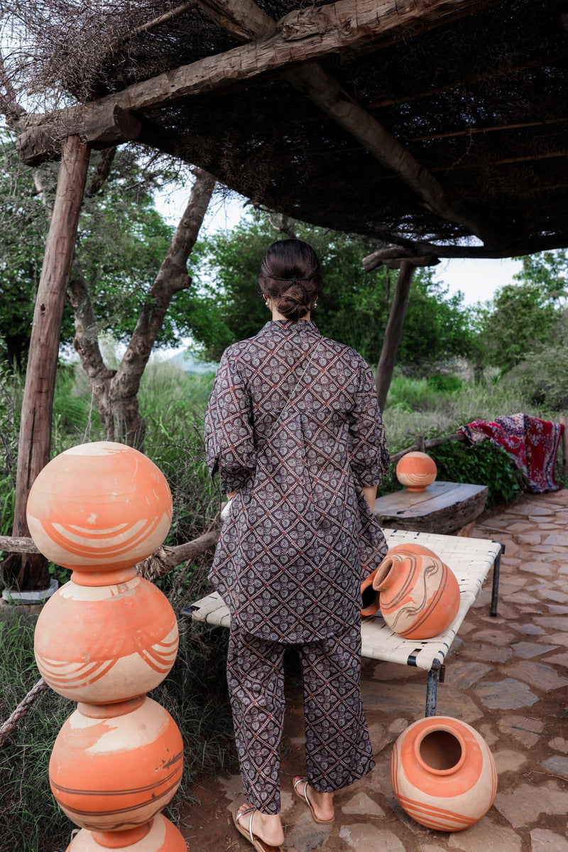 Juniper Black Floral Embroidered Co-Ord Set With Tunic & Printed Pants