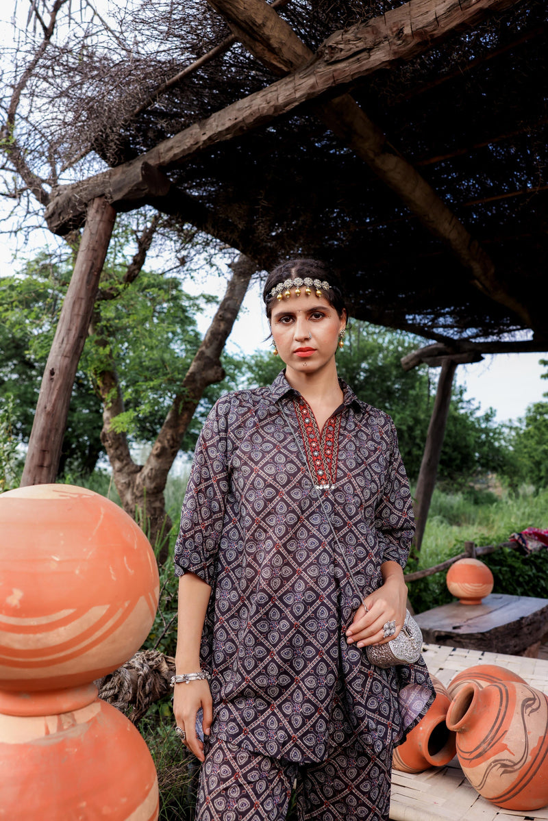 Juniper Black Floral Embroidered Co-Ord Set With Tunic & Printed Pants