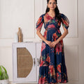 Juniper Navy Blue Floral Printed Fit & Flare Maxi Dress