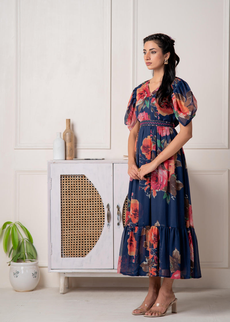 Juniper Navy Blue Floral Printed Fit & Flare Maxi Dress