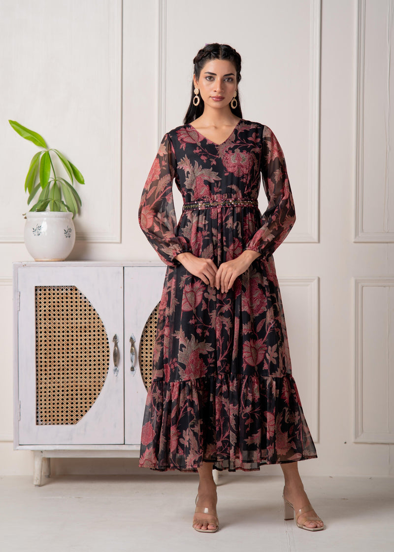 Juniper Floral Printed Black Dress With Sheer Sleeves & Beaded Waist Detailing