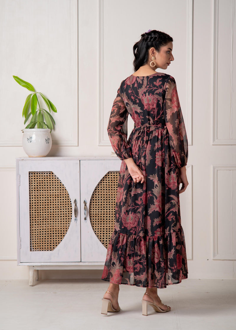 Juniper Floral Printed Black Dress With Sheer Sleeves & Beaded Waist Detailing
