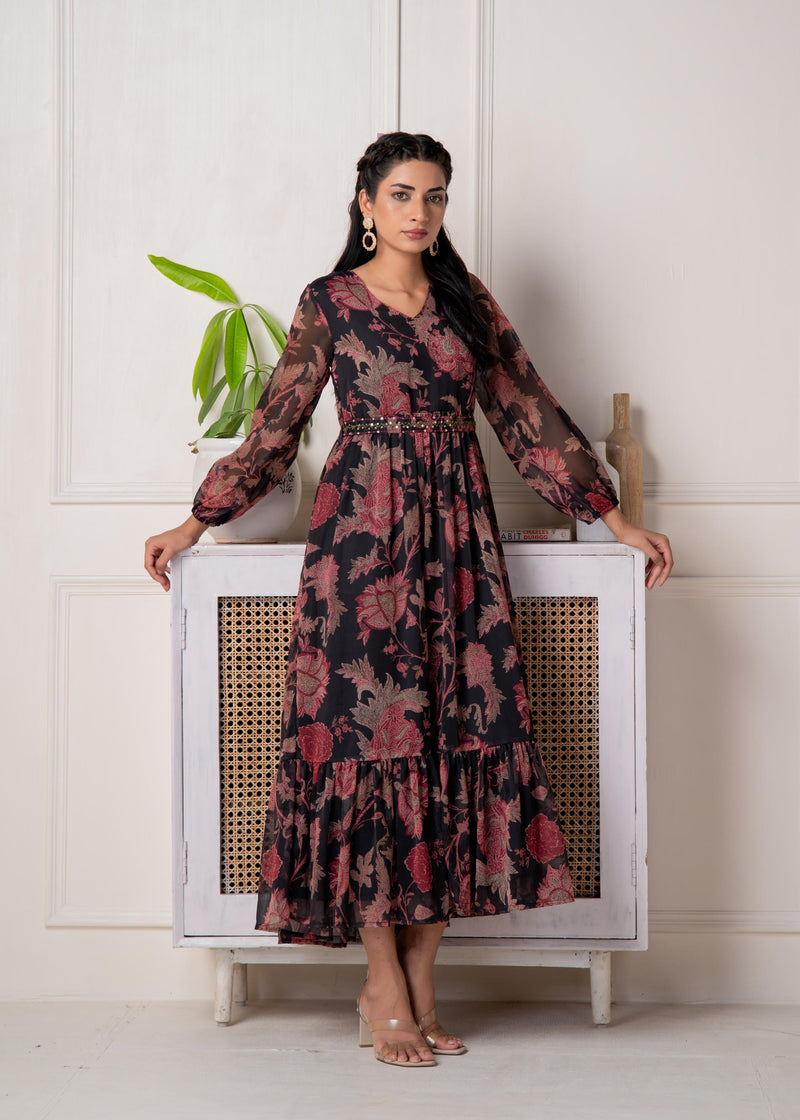 Juniper Floral Printed Black Dress With Sheer Sleeves & Beaded Waist Detailing