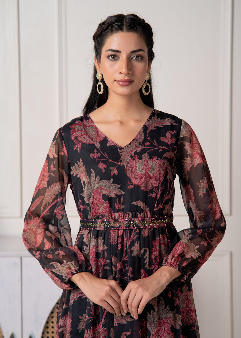 Juniper Floral Printed Black Dress With Sheer Sleeves & Beaded Waist Detailing