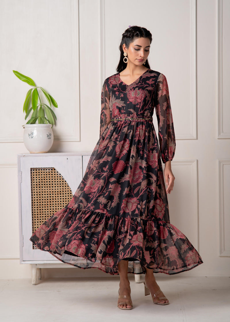 Juniper Floral Printed Black Dress With Sheer Sleeves & Beaded Waist Detailing