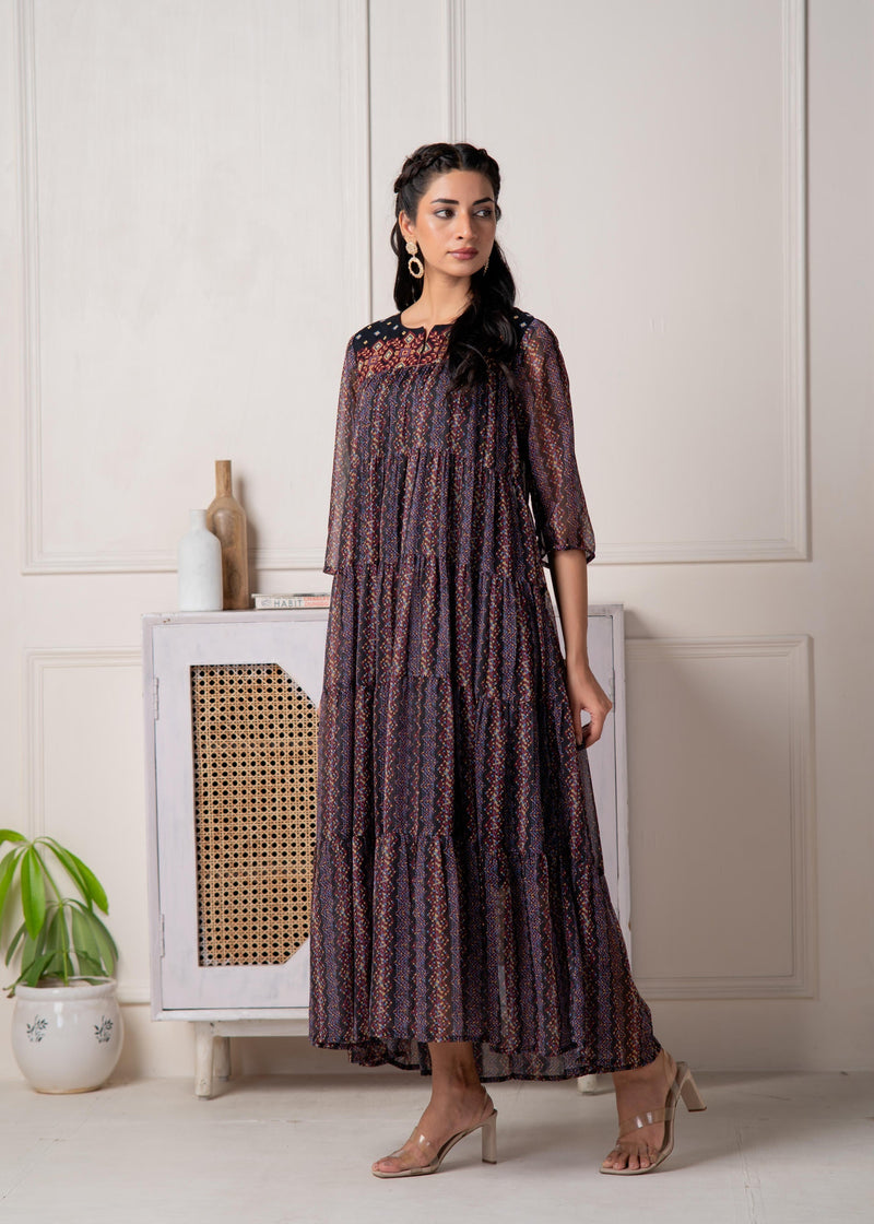 Juniper Blue Printed Tiered Dress With Detailed Yoke