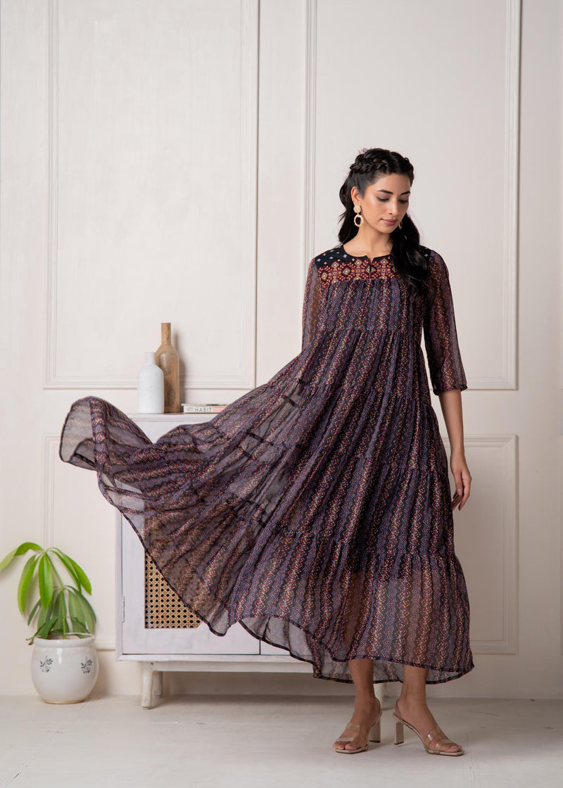 Juniper Blue Printed Tiered Dress With Detailed Yoke