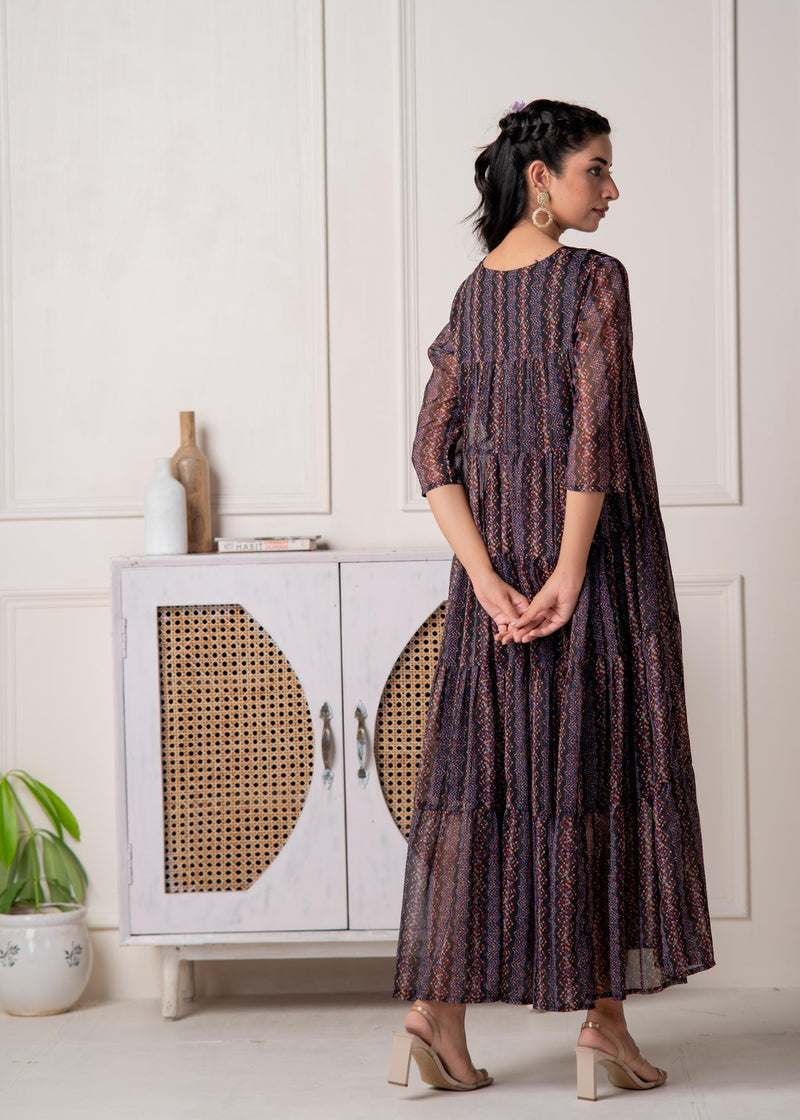 Juniper Blue Printed Tiered Dress With Detailed Yoke