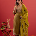 Juniper Festive Olive Green Floral Embroidered Kurta Set With Dupatta