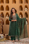 Juniper Bottle Green Viscose Straight Kurta With Pants & Dupatta Set With Zari & Sequence Work