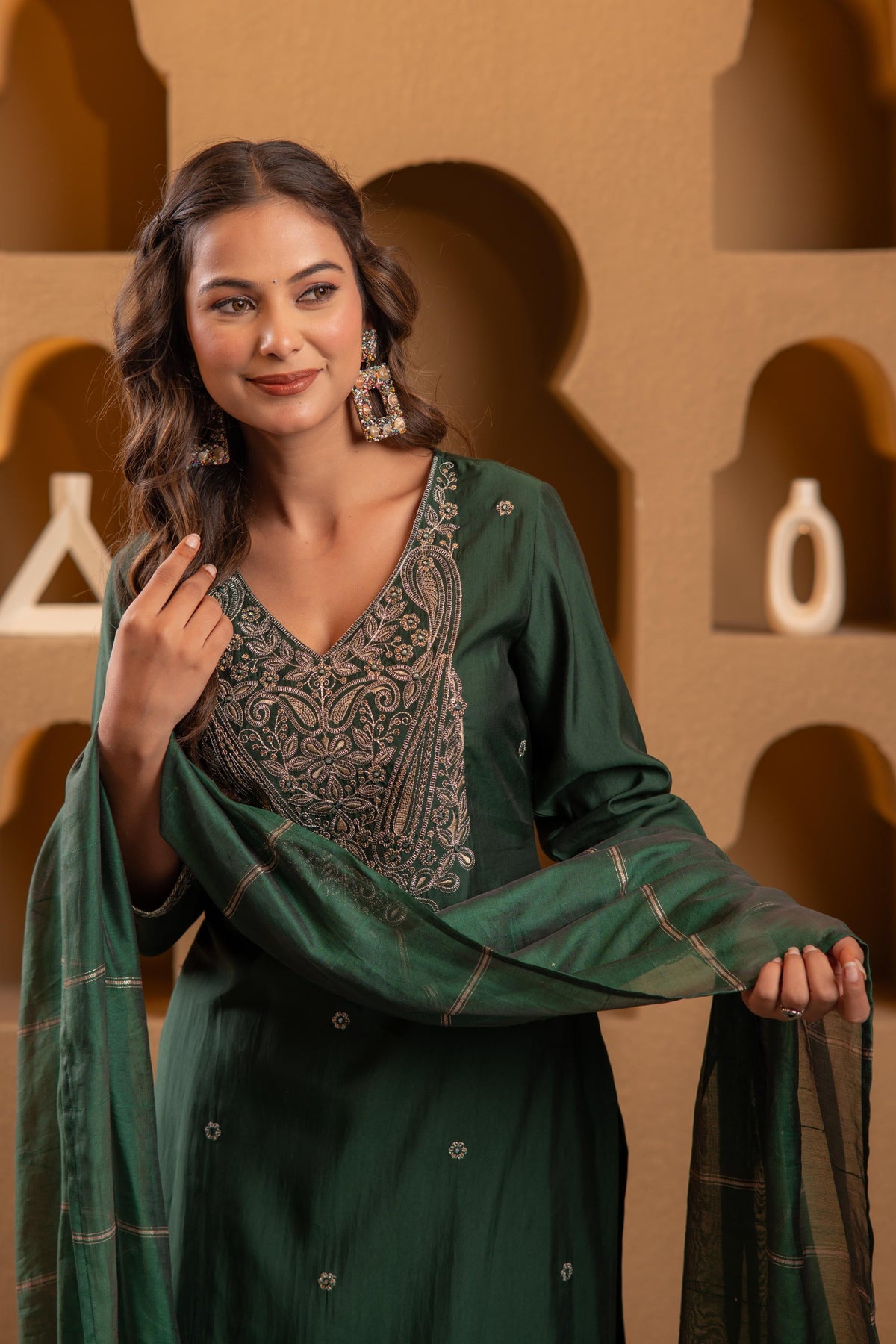 Juniper Bottle Green Viscose Straight Kurta With Pants & Dupatta Set With Zari & Sequence Work