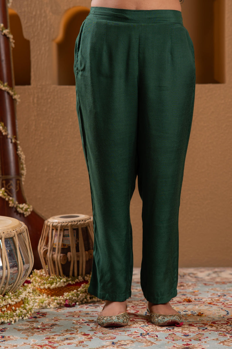 Juniper Bottle Green Viscose Straight Kurta With Pants & Dupatta Set With Zari & Sequence Work