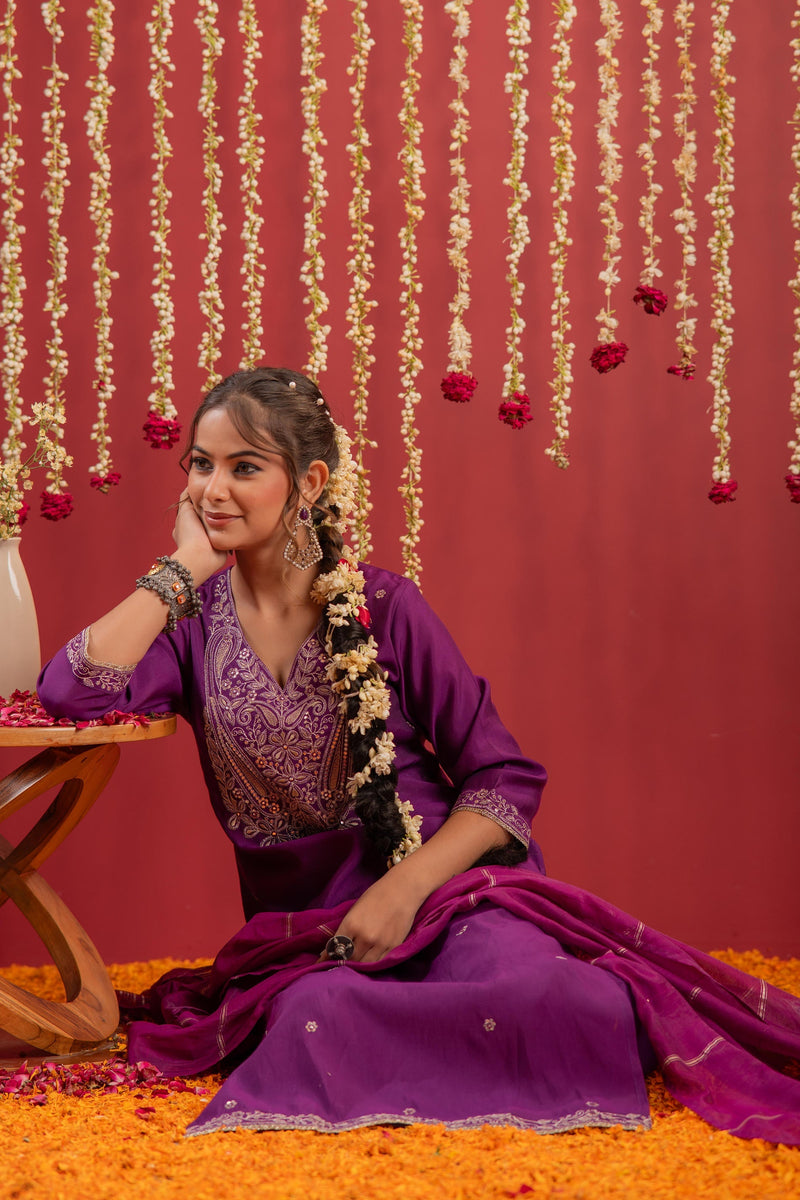 Juniper Purple Embroidered Straight Kurta With Pant & Striped Dupatta