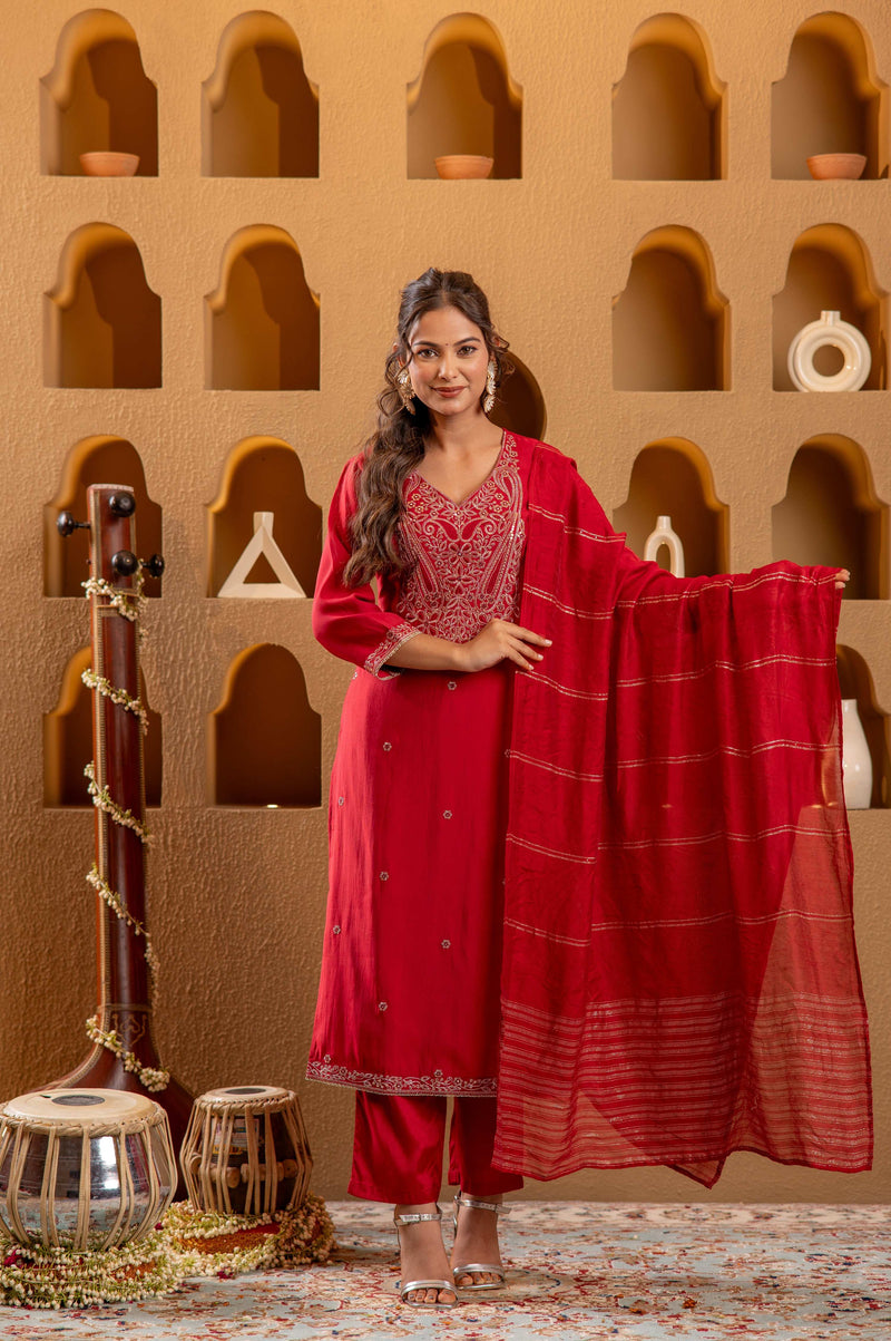 Juniper Red Viscose Straight Kurta With Pants & Dupatta Set With Zari & Sequence Work