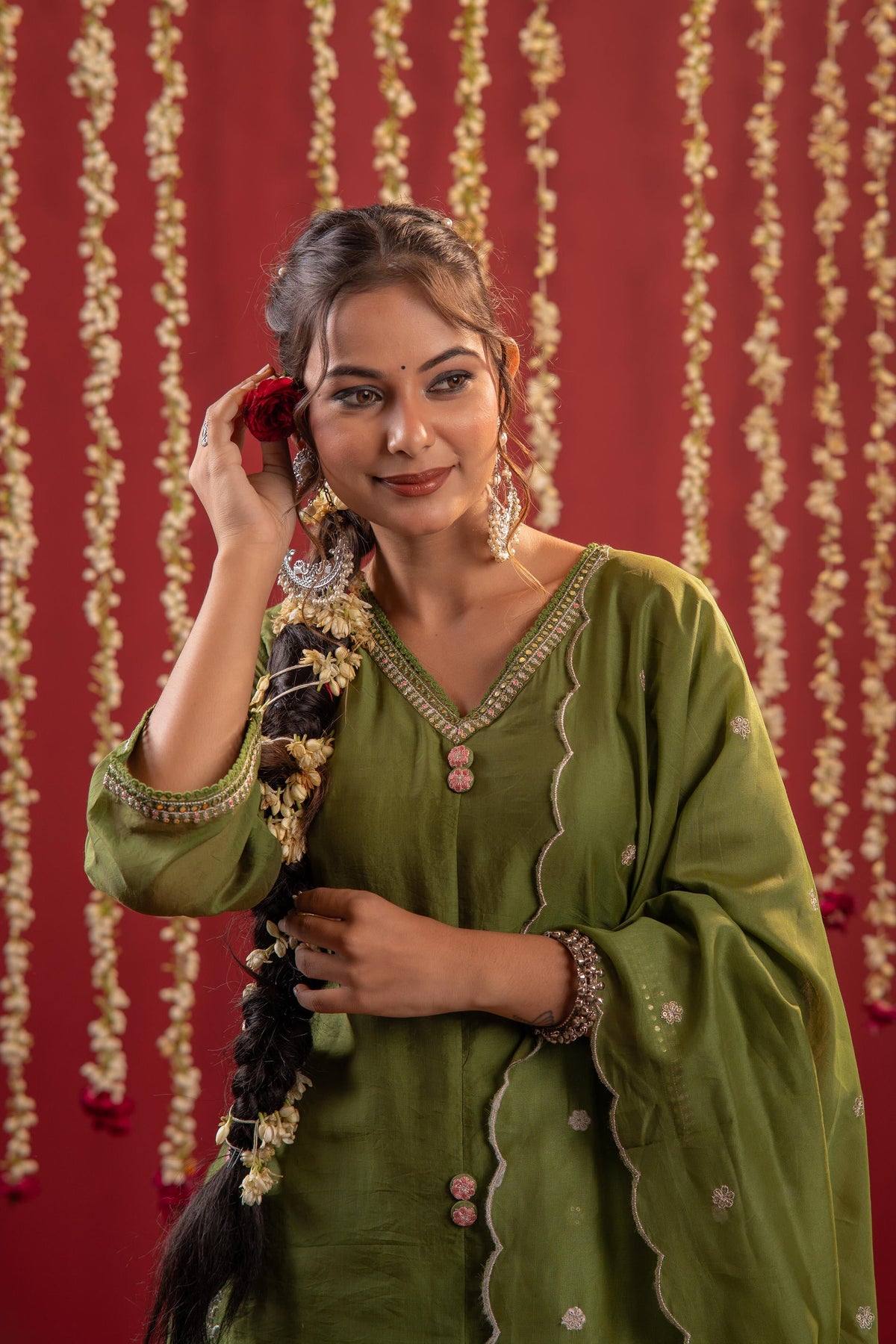 Juniper Mehendi Green Embroidered Kurta Set With Dupatta