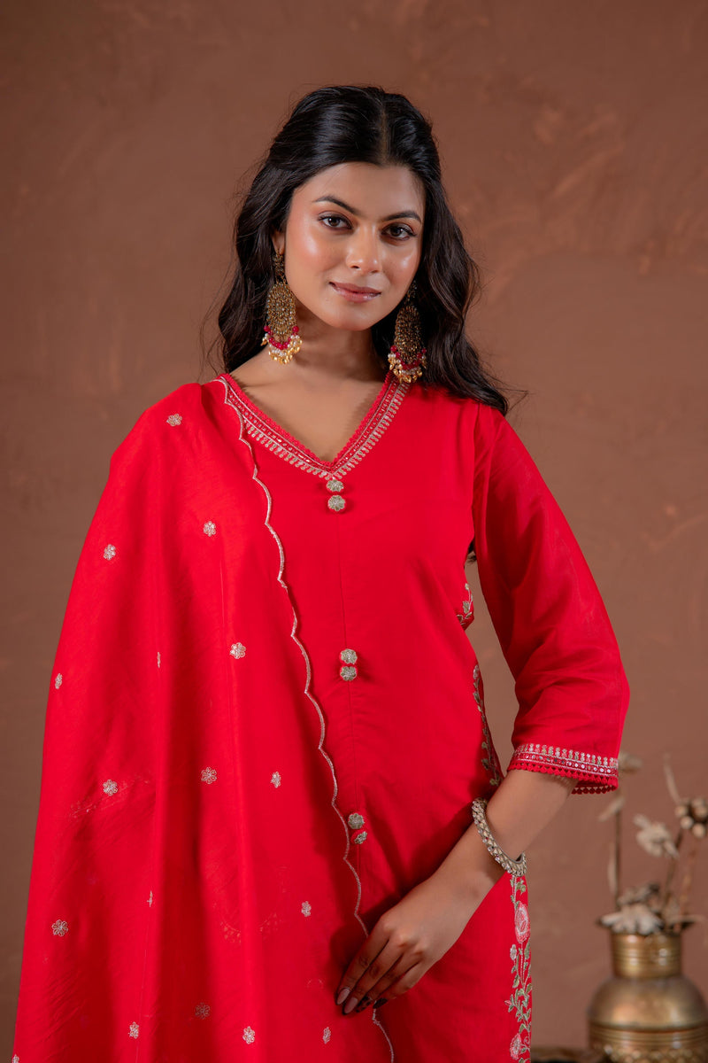 Juniper Red Anarkali Kurta Set With Embroidery And Scallop Hemline