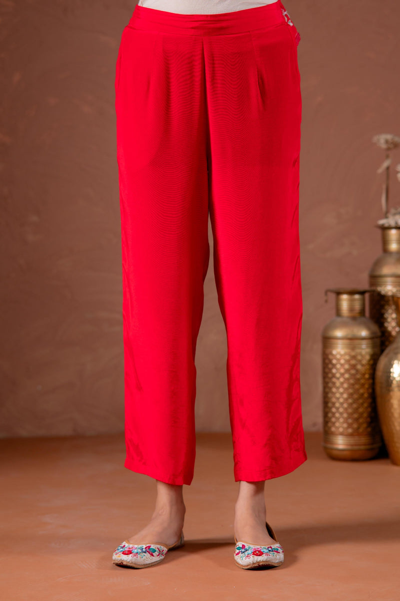 Juniper Red Anarkali Kurta Set With Embroidery And Scallop Hemline