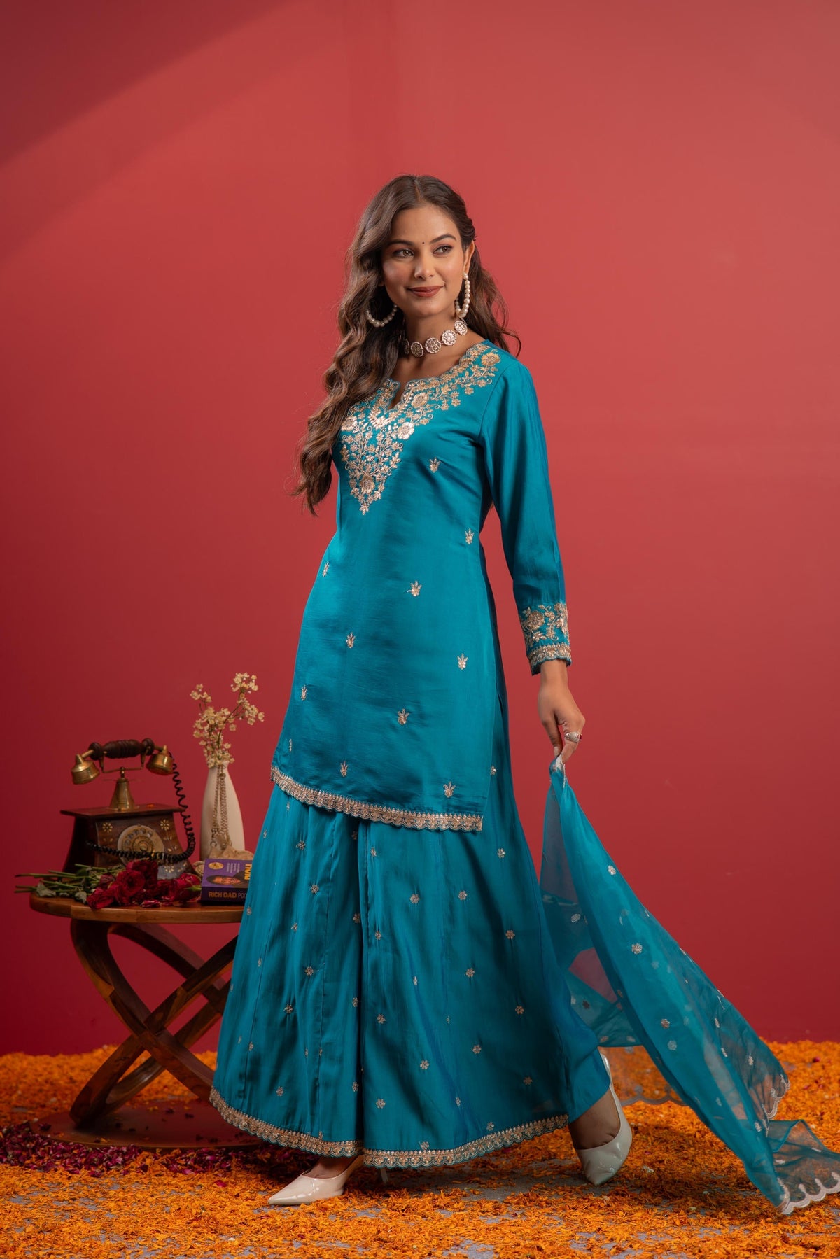 Juniper Rama Green Embroidered Kurta With Palazzo & Dupatta Set