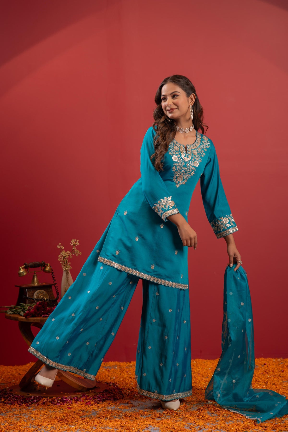 Juniper Rama Green Embroidered Kurta With Palazzo & Dupatta Set