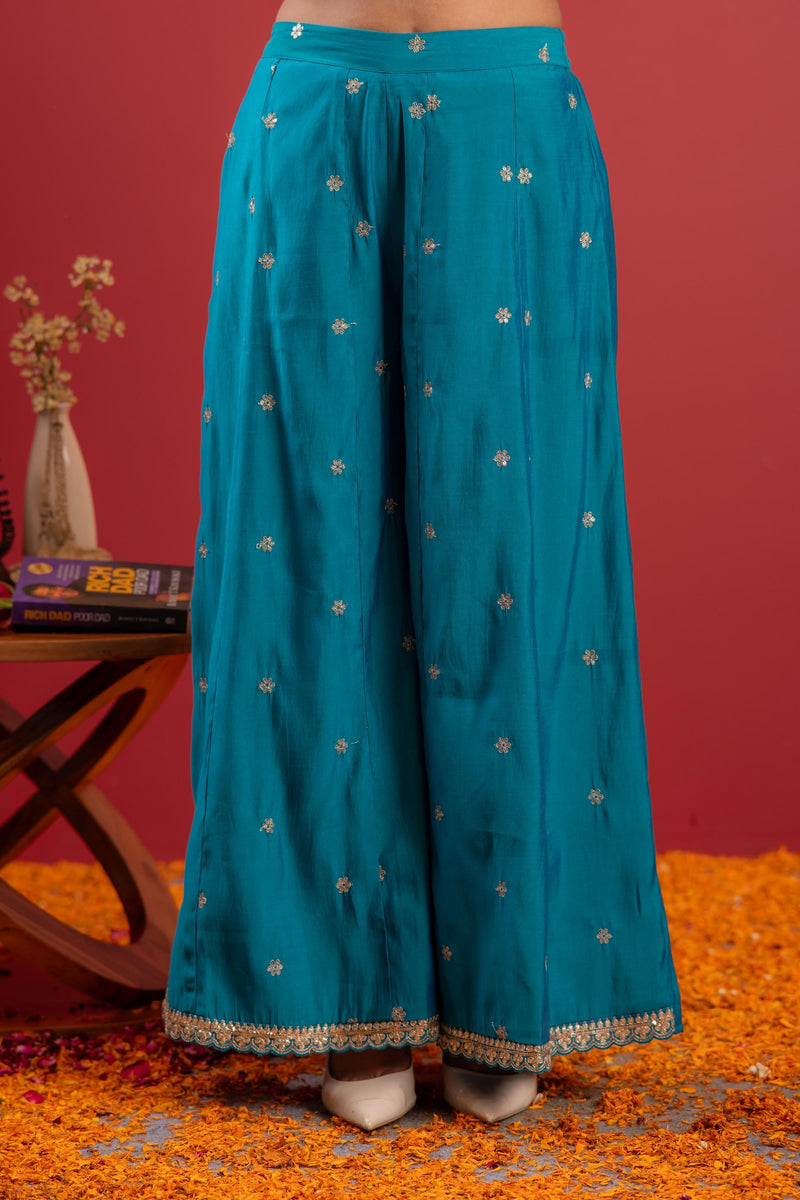 Juniper Rama Green Embroidered Kurta With Palazzo & Dupatta Set