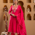 Juniper Fuchsia Floral Embroidered Kurta Set With Scallop Dupatta